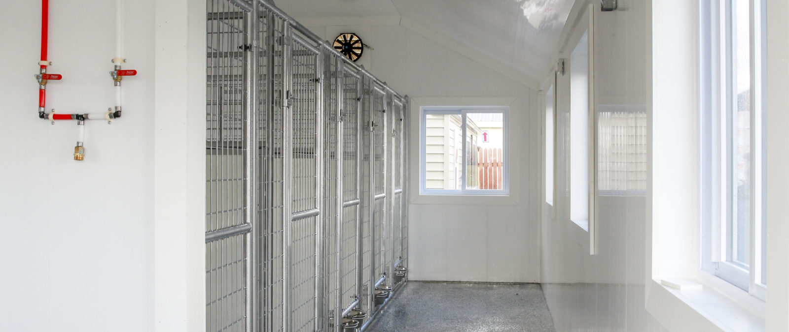 dog kennels for groomers interior view of 10x28 5 run kennel showing welded wire panels and exhaust fan 
